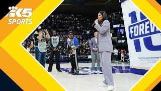 Kelsey Plum speaks at UW jersey retirement ceremony