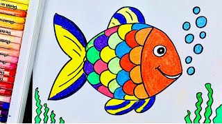 How to draw a Fish | Easy fish drawing and coloring | ලස්සනට මාළුවෙක් අදිමු