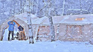 HEAVY SNOW ❄️ BIG AIR TENT CAMPING, WITH HOT STOVE. Firewood and snow sound ASMR