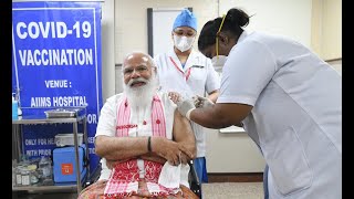 PRIME MINISTER NARENDRA MOD  took the  first dose of the covaxin vaccine