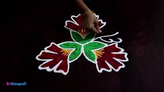 Simple Daily Flower Rangoli | 3x2 Dots Daily Kolam | Very Easy Daily Hibiscus Rangoli With 3 Dots