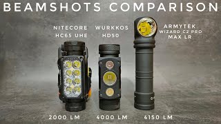 Beamshots Comparison - Nitecore HC65 UHE vs Wurkkos HD50 vs Armytek Wizard C2 Pro Max LR White