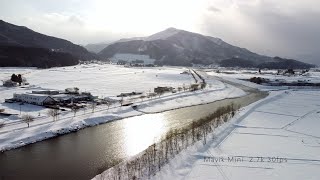 米代川と白い雪の絨毯の12月の風景をドローンで撮影してみた！