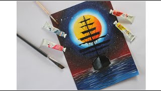 Sailboat Moonlight acrylic painting || Simple acrylic painting for beginners || Sailboat Seascape