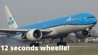 *12 seconds wheelie* KLM Boeing 777(PH-BVU) Landing at the Polderbaan, Schiphol