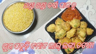 ମୁଗ ପାକୁଡ଼ି ସହିତ ରାଗ ରାଗୁଆ ଟମାଟ ନାଲି ଲଙ୍କା ଚଟଣୀ//Raw Moong Dal Fritters \u0026 Red Chilli Tomato Chutney