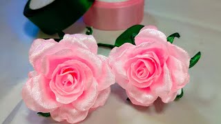 DIY Satin Ribbon Rose/ How To Make Satin Ribbon Rose Flowers/Tutorial Beautiful Pink Rose Flowers