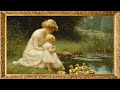 vintage tv art charming oil painting of a mother and baby watching ducklings gold framed art