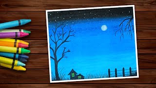 Oil Pastel Drawing - Moonlight Scenery Drawing With Oil Pastel