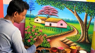 beautiful village scenery painting | nature drawing painting