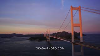 FUKEI 61898　糸山公園展望台から望む来島海峡大橋と夕日