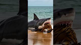 Giant Shark Leaps from Water and Hunts Tiger on the Sand!