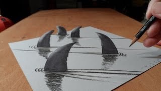 How to Draw 3D Sharks - Drawing Shark with Charcoal & Markers - Trick Art on Paper - Vamos