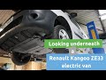 Looking underneath a Renault Kangoo ZE33 100% electric van and also under the bonnet