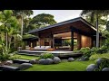 Exploring a Modern Rustic Wooden & Stone Cabin with Large Windows & Lush Tropical Garden Landscape