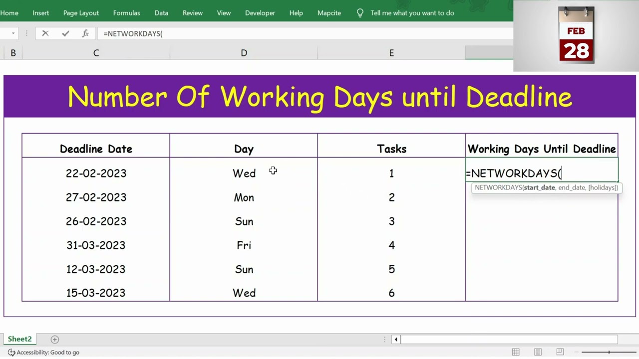 Calculate Number Of Working Days Until Deadline In Excel - Working Day ...