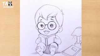 Baby boy with specs reading books Pencil drawing@TaposhiartsAcademy