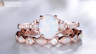 ShyGems Vintage Opal and Diamond Bridal Ring Set in Gold