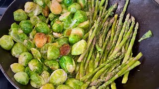 Bacon Fried Asparagus and Brussel Sprouts in a CAST IRON Wok | #sidedishrecipe