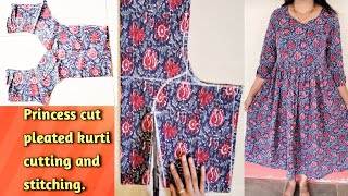 princess cut pleated kurti ki cutting and stitching