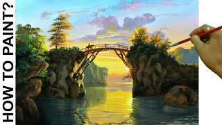 HOW TO PAINT Realistic Landscape with Wooden Bridge on Sunset River in Acrylics