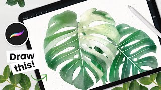 How To Draw: Watercolor Monstera Albo Leaf (Updated!) • Procreate Tutorial • Easy iPad Art