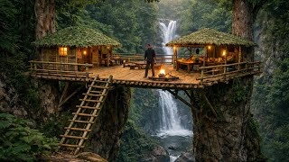 Building a Large Elevated Survival Shelter with Fire Kitchen | Safe Living Above the Ground