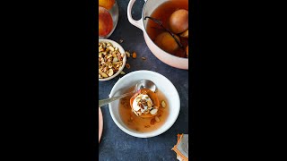 Poached Peaches with Caramelized Nuts and Seeds, by Justin Chapple