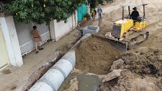 Drainage System Construction - Filling \u0026 Installing Reinforced Concrete Pipes in Village