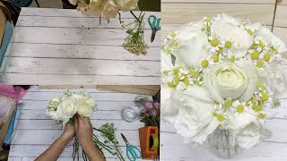 Bridal Wedding hand tied bouquet | White Roses and chamomilla | 洋甘菊 x 白玫瑰 ｜ Huamama