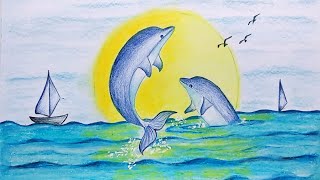 How to draw Sunset Scenery with Dolphins | Step by Step Dolphin Drawing for beginners
