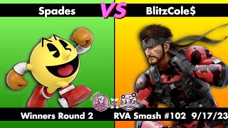 RVA Smash 102: Spades (Pac-Man) vs BlitzCole$ (Snake) | Winners Round 2 | 37 Entrants | SSBU