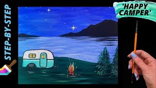 EP78- 'Happy Camper' easy acrylic painting tutorial for beginners, rv camper painting