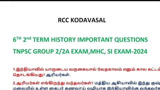 6TH 2ND TERM HISTORY IMPORTANT QUESTIONS 💯🔥, TNPSC EXAM 💪, MHC 📢, TET EXAM 🔥,SI EXAM-2024🎯🔥