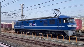 20230310 神戸貨物ターミナル　EF210-3 ラッピング桃太郎が入線　その手前の線を223系快速運用が通過