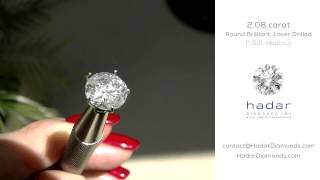 2.08 ct Round Brilliant Diamond. Ideal cut. Laser Drilled, F, SI2, Excellent cut. Video Review