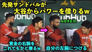 パワー貰ってるw 大谷翔平の右腕を摩りまくって自分の左腕につけるサンドバルw エンゼルス【現地映像】10月4日 アスレチックス第１戦