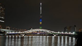 2021年 7月26日(月) 　隅田川　白鬚橋　東京 2020 オリンピック　5色カラー　東京スカイツリー　五輪ライティング