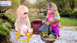 BiBi helps dad wash clothes cook and take care of baby monkey OBi