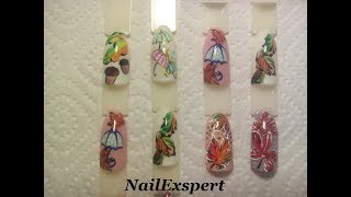 Autumn nail designs, maple leaf, oak leaf and acorns,chestnut leaf, umbrellas,