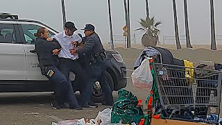 Tense Confrontation - Police Struggle trying to Arrest Homeless Person on Venice Beach