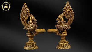 Traditional Peacock Brass Oil Lamp Diya Stand Set