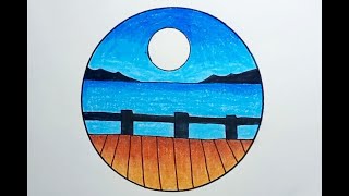 How To Draw Moonlight Scenery With Crayons |Drawing Moonlight Scenery In A Circle