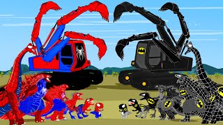 SPIDER BRACHIOSAURUS vs BATMAN T-REX, TRICERATOPS, Excavator, Truck: Lost In Dinosaur Jurassic World