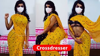 Crossdresser in Yellow Saree! Male to Female Makeup Full Body