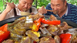 哥倆今天吃“牛肉燉魔芋”，鮮辣入味，拌飯吃真是爽【鐵鍋視頻】