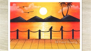 How to draw a Sunset scenery with oil pastel, Sunset drawing