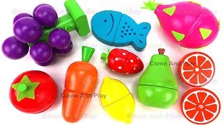 Learn Fruits & Vegetables Names with Wooden Fruit Cutting Playset Toys For Kids Preschoolers