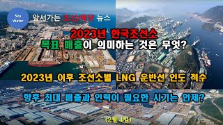 2023년 한국조선소 목표 매출이 의미하는 것은 무엇?  2023년 이후 조선소별 LNG 운반선 인도 척수 - 향후 최대 매출과 인력이 필요한 시기는 언제?