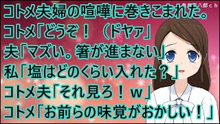 【スカッとする話】コトメ夫婦の喧嘩に巻きこまれた。コトメ「どうぞ！（ドヤァ」夫「マズい。箸が進まない」私「塩はどのくらい入れた？」コトメ夫「それ見ろ！ｗ」コトメ「お前らの味覚がおかしいんだー！」